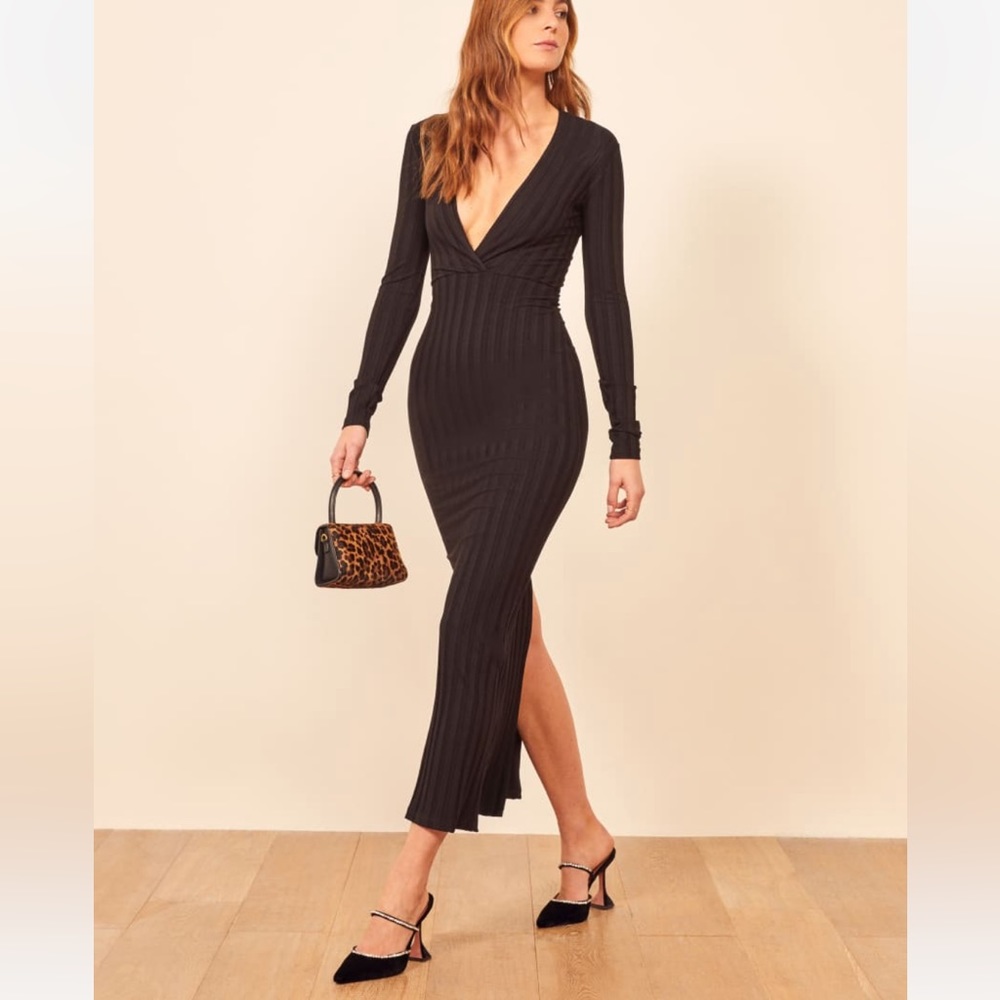 REFORMATION Drake Long Dress, Deep Plunge V-Neck Bodycon Knit Stretch Fit